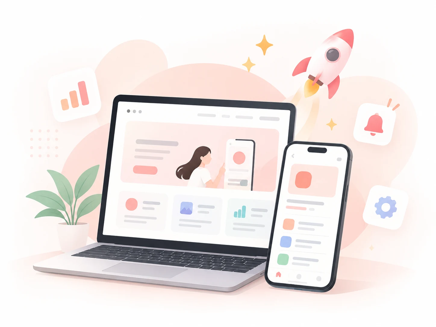 新サービスのWebサイトとスマートフォン画面を表すイラスト