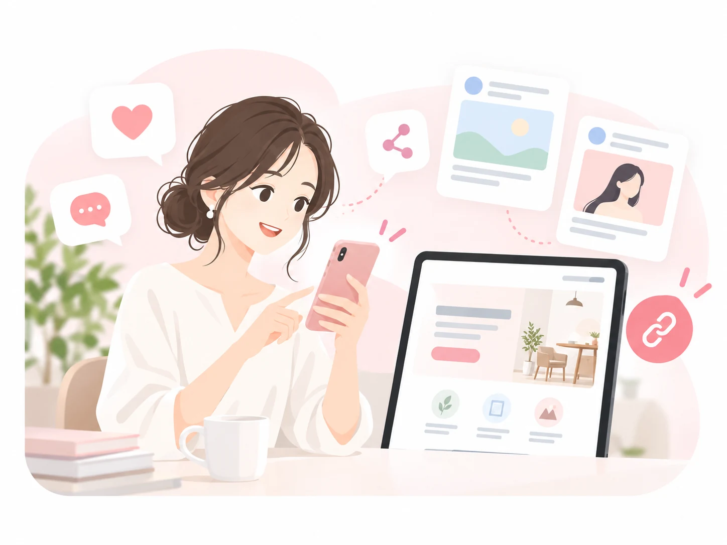 スマートフォンからWebサイトへ発信する個人事業主のイラスト